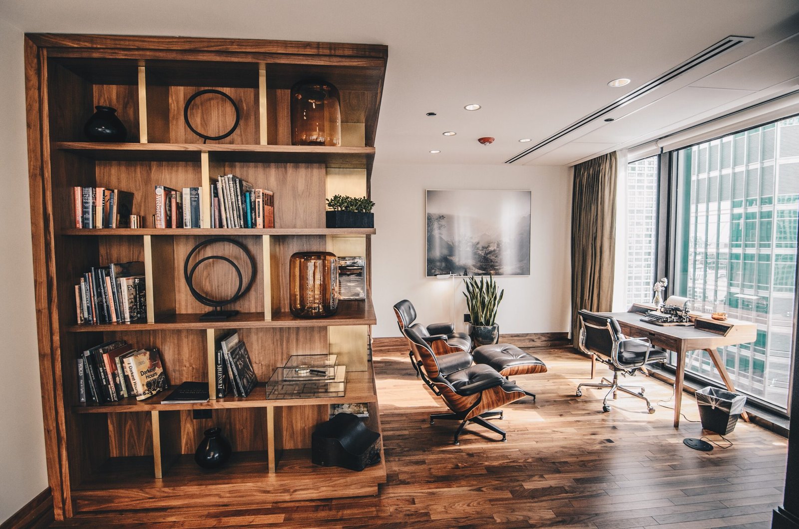 Beautiful home library with hardwood floors